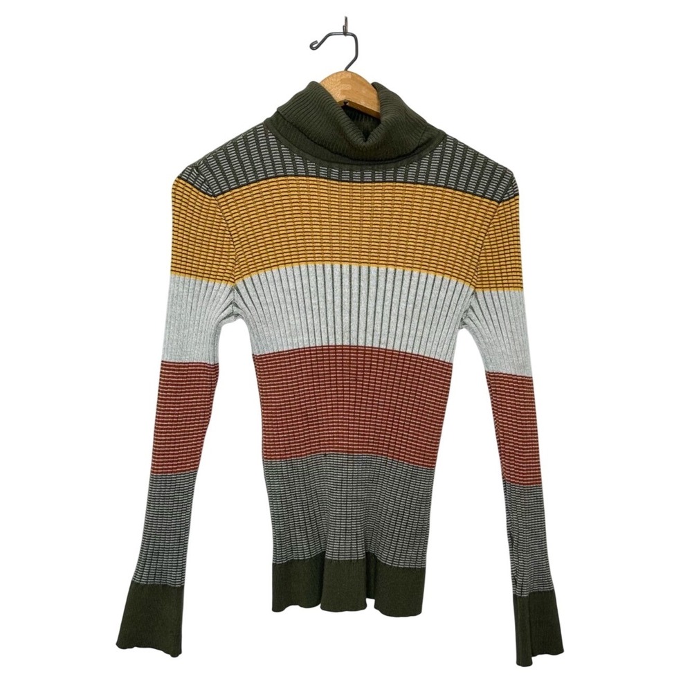 Almost Famous Womens Colorblock Stripe Stretchy Ribbed Knit Turtleneck Sweater